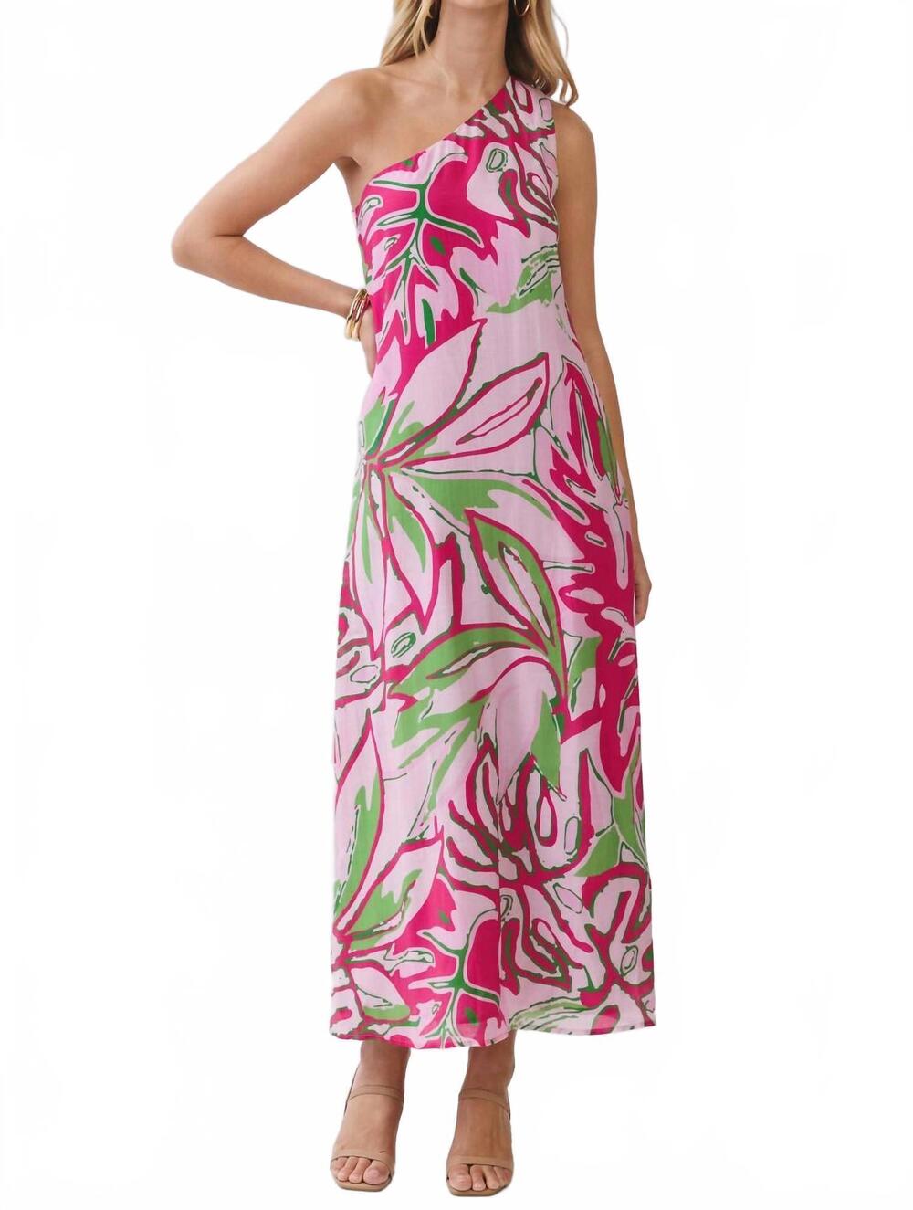 NEW TCEC one shoulder tropical print maxi dress in pink